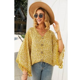Yellow Floral Print Button Up Tassels Casual Blouse