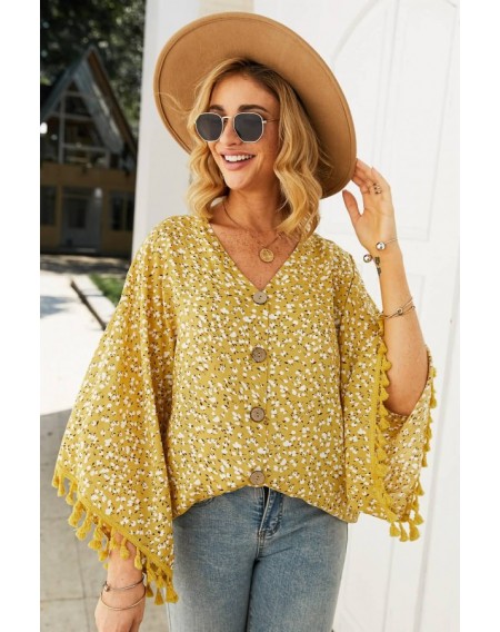 Yellow Floral Print Button Up Tassels Casual Blouse