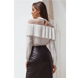 White Mesh Splicing Lapel Long Sleeve Casual Blouse