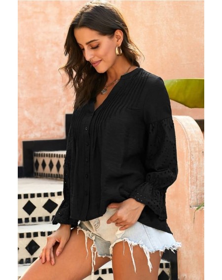 Black Button Up Hollow Out V Neck Long Sleeve Casual Blouse