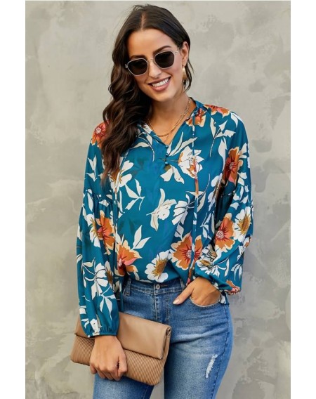 Blue Floral Print Long Sleeve Casual Blouse