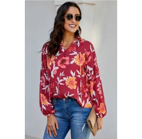 Red Floral Print Long Sleeve Casual Blouse