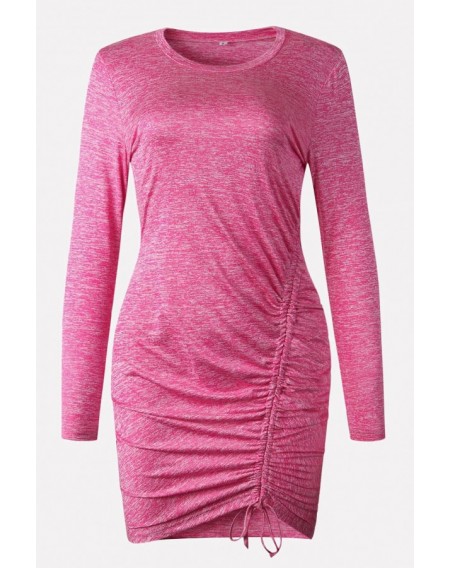 Hot-pink Drawstring Round Neck Long Sleeve Casual Bodycon Dress