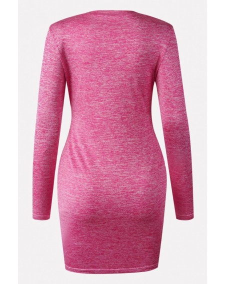 Hot-pink Drawstring Round Neck Long Sleeve Casual Bodycon Dress