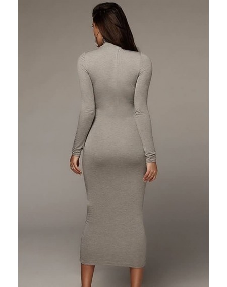 Gray High Collar Long Sleeve Sexy Bodycon Midi Dress