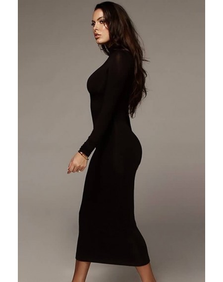 Black High Collar Long Sleeve Sexy Bodycon Midi Dress