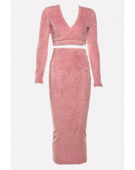 Pink Faux Fur Off Shoulder Sexy Bodycon Skirt Set
