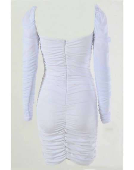 White Lace Up Square Neck Long Sleeve Sexy Bodycon Dress