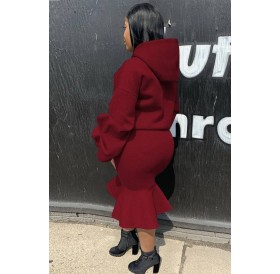 Dark-red Ruffles Hem Hoodie Long Sleeve Casual Skirt Set
