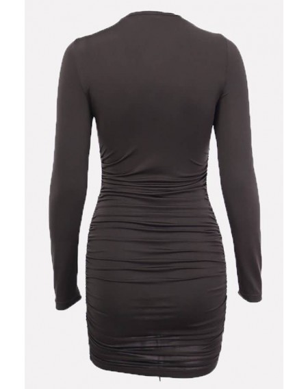 Dark-brown Lace Up Ruched Long Sleeve Sexy Bodycon Dress