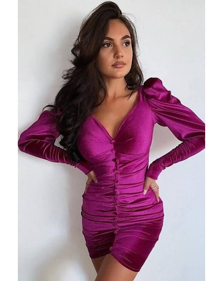 Purple Ruched Button Decor Long Sleeve Sexy Bodycon Dress