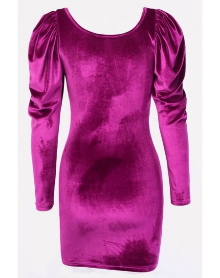 Purple Ruched Button Decor Long Sleeve Sexy Bodycon Dress