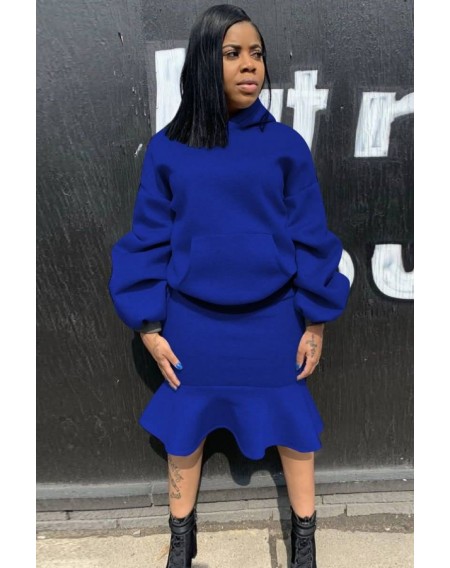 Blue Ruffles Hem Hoodie Long Sleeve Casual Skirt Set