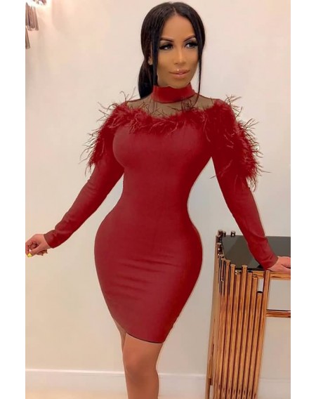 Red Feathers Mesh Splicing Sexy Bodycon Dress