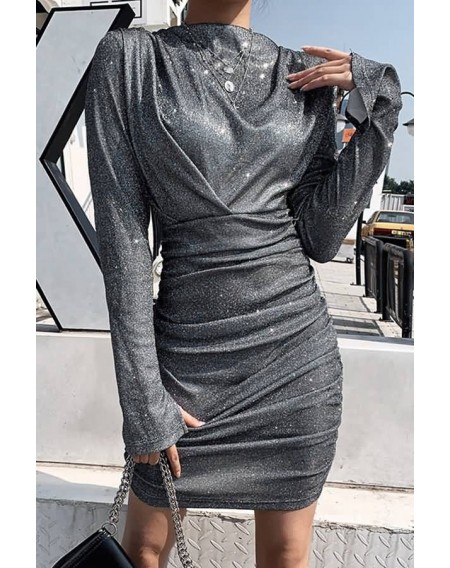 Silver Glitter Ruched Long Sleeve Sexy Bodycon Dress