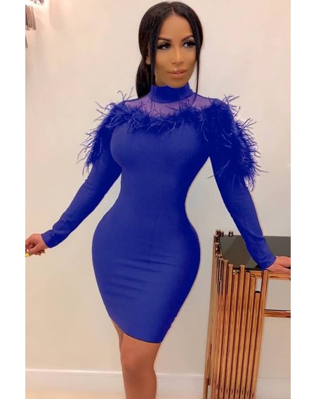 Blue Feathers Mesh Splicing Sexy Bodycon Dress