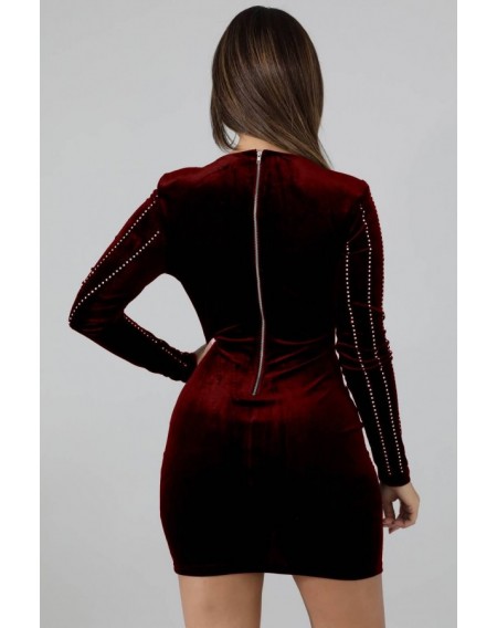 Dark-red Rhinestone V Neck Long Sleeve Sexy Bodycon Dress