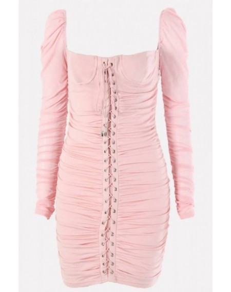 Pink Lace Up Square Neck Long Sleeve Sexy Bodycon Dress