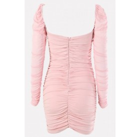 Pink Lace Up Square Neck Long Sleeve Sexy Bodycon Dress
