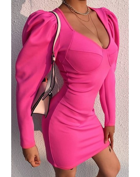 Hot-pink V Neck Puff Sleeve Sexy Bodycon Dress