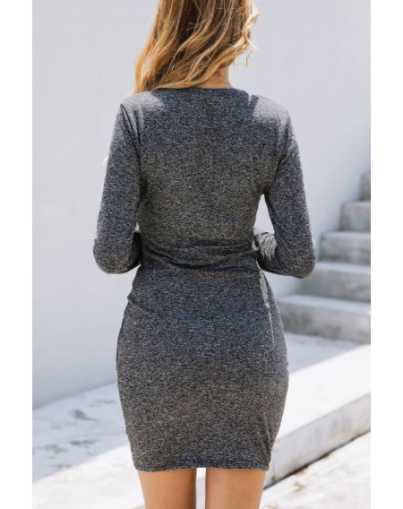 Dark-gray Drawstring Round Neck Long Sleeve Casual Bodycon Dress