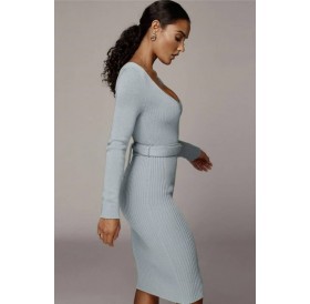 Light-blue Lace Up Scoop Neck Sexy Bodycon Sweater Dress
