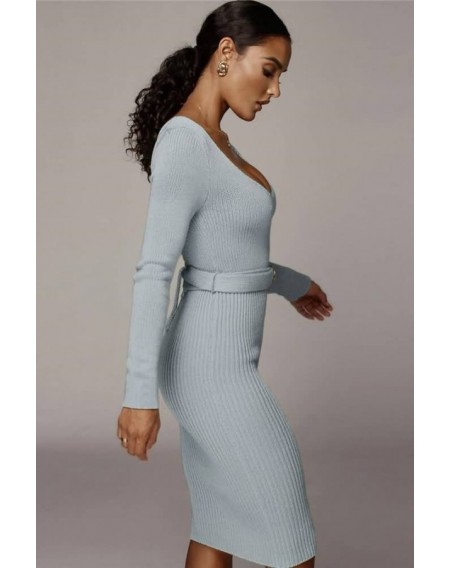 Light-blue Lace Up Scoop Neck Sexy Bodycon Sweater Dress