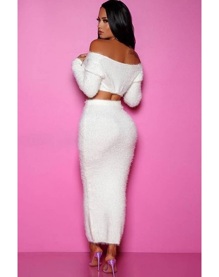 White Faux Fur Off Shoulder Sexy Bodycon Skirt Set