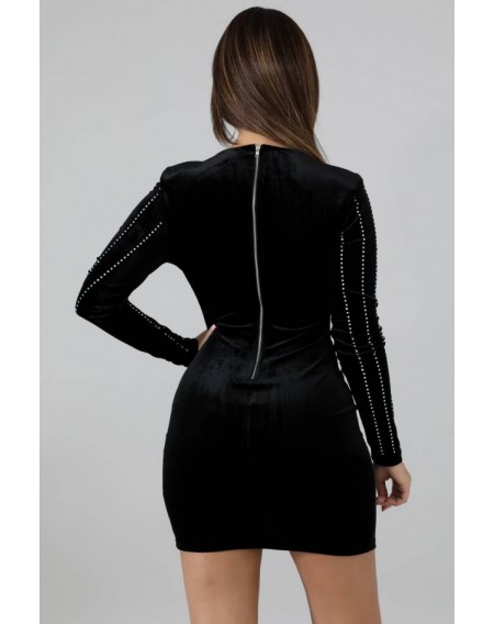 Black Rhinestone V Neck Long Sleeve Sexy Bodycon Dress
