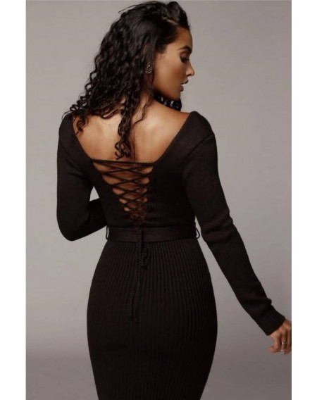 Black Lace Up Scoop Neck Sexy Bodycon Sweater Dress