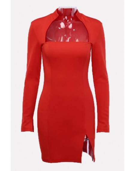 Red Slit Long Sleeve Sexy Bodycon Mini Dress