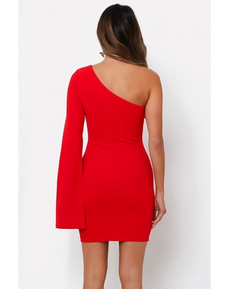 Red One Shoulder Long Sleeve Chic Bodycon Dress