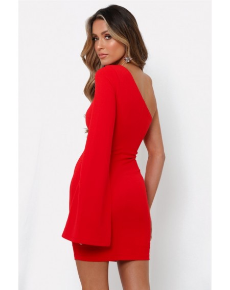 Red One Shoulder Long Sleeve Chic Bodycon Dress