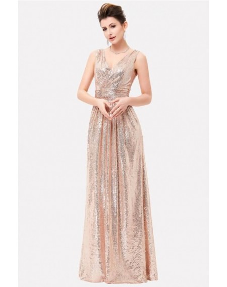 Rose-gold Sequin V Neck Sleeveless Sexy Maxi Dress