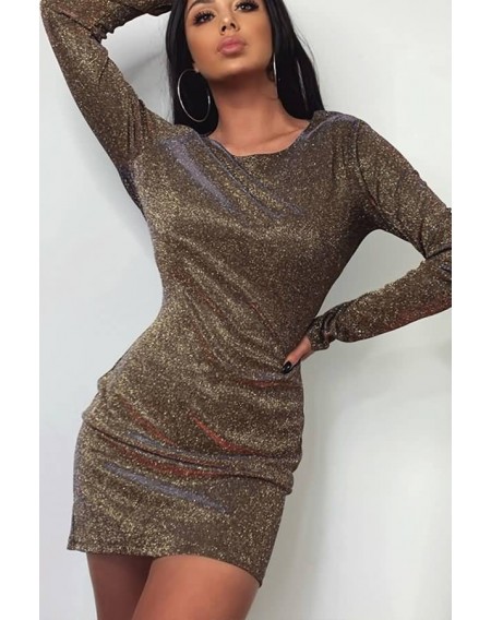 Brown Glitter Tied Long Sleeve Sexy Bodycon Dress