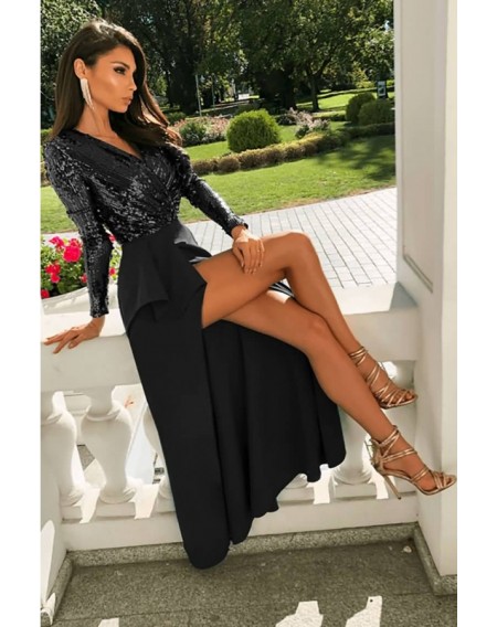 Black Sequin Splicing V Neck Long Sleeve Sexy Dress