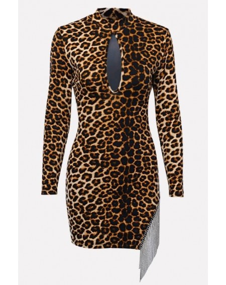 Leopard Rhinestone Fringe Keyhole Long Sleeve Sexy Dress