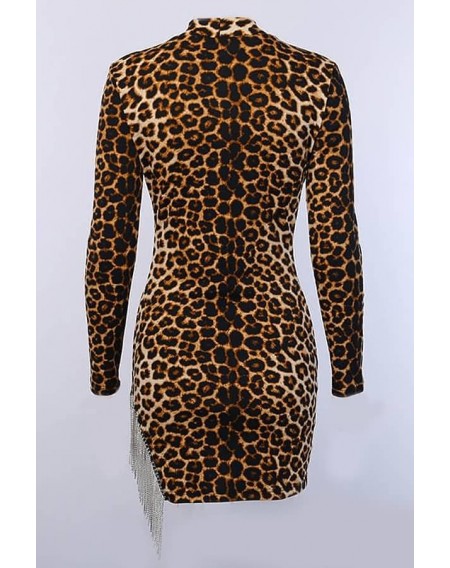 Leopard Rhinestone Fringe Keyhole Long Sleeve Sexy Dress