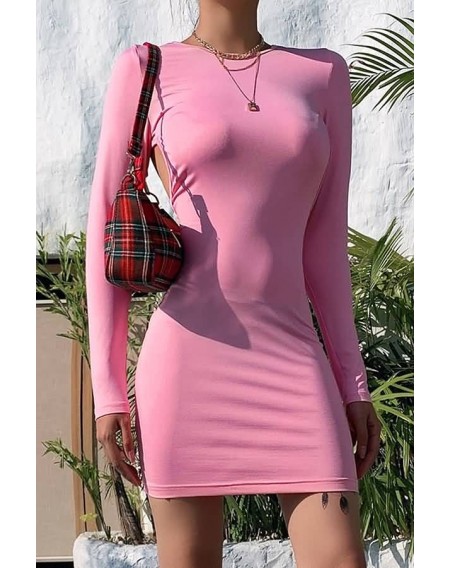 Pink Open Back Crew Neck Long Sleeve Sexy Bodycon Dress