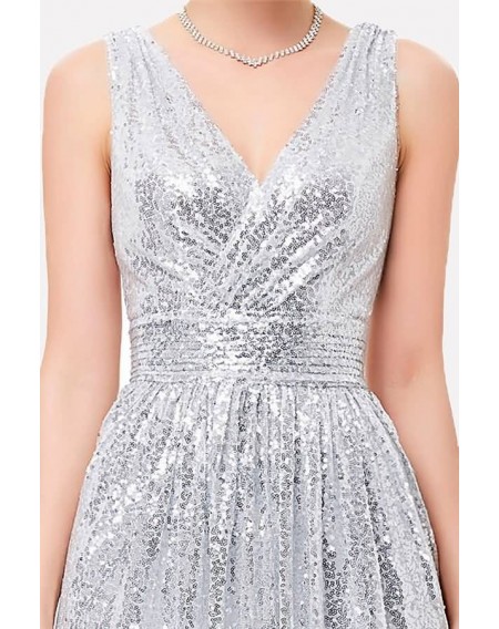 Silver Sequin V Neck Sleeveless Sexy Maxi Dress