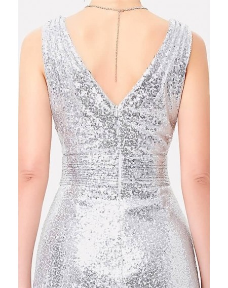 Silver Sequin V Neck Sleeveless Sexy Maxi Dress
