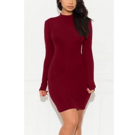 Dark-red Lace Up Mock Neck Long Sleeve Sexy Bodycon Dress