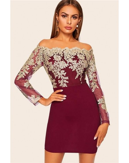 Dark-red Embroidery Off Shoulder Sexy Bodycon Dress
