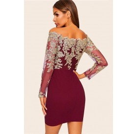 Dark-red Embroidery Off Shoulder Sexy Bodycon Dress