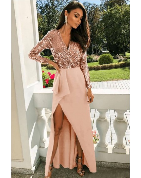 Apricot Sequin Splicing V Neck Long Sleeve Sexy Dress