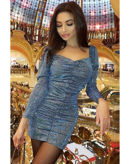Blue Glitter Ruched Off Shoulder Sexy Bodycon Dress