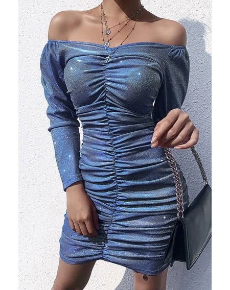Blue Glitter Ruched Off Shoulder Sexy Bodycon Dress