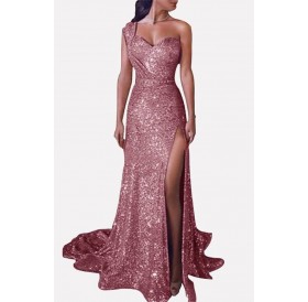 Glitter Sequin Slit One Shoulder Sexy Maxi Plus Size Dress