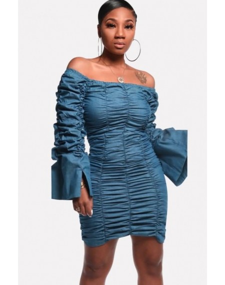 Blue Ruched Off Shoulder Long Sleeve Sexy Denim Dress