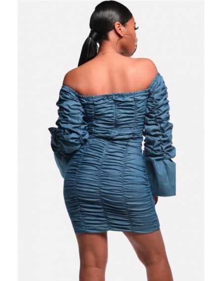 Blue Ruched Off Shoulder Long Sleeve Sexy Denim Dress